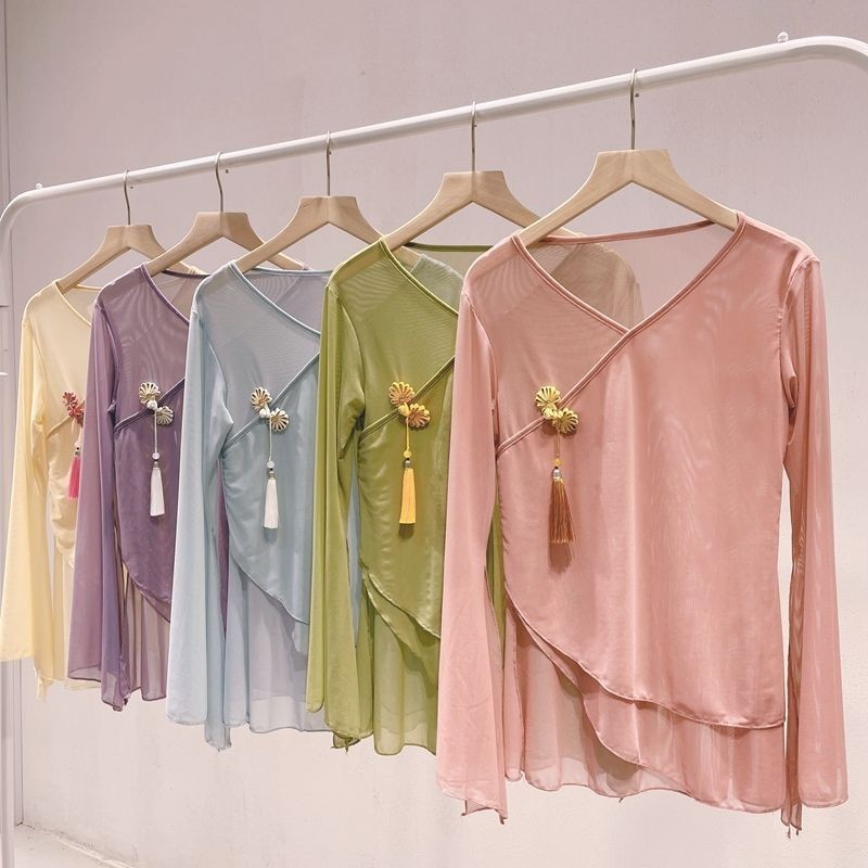现货 速发古典舞蹈服飘逸练功服女身韵服中国舞民族舞网纱形体基训服演出服Classical dance attire, flowing practice attire, female body charm attireCheongsam buckle