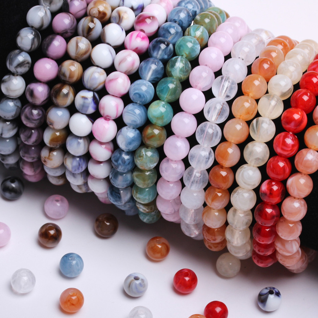 8mm 30pcs Resin Imitation Jade Stone Round Loose Beads Clouds Effect Bracelet Necklace Accessories Jewelry Making