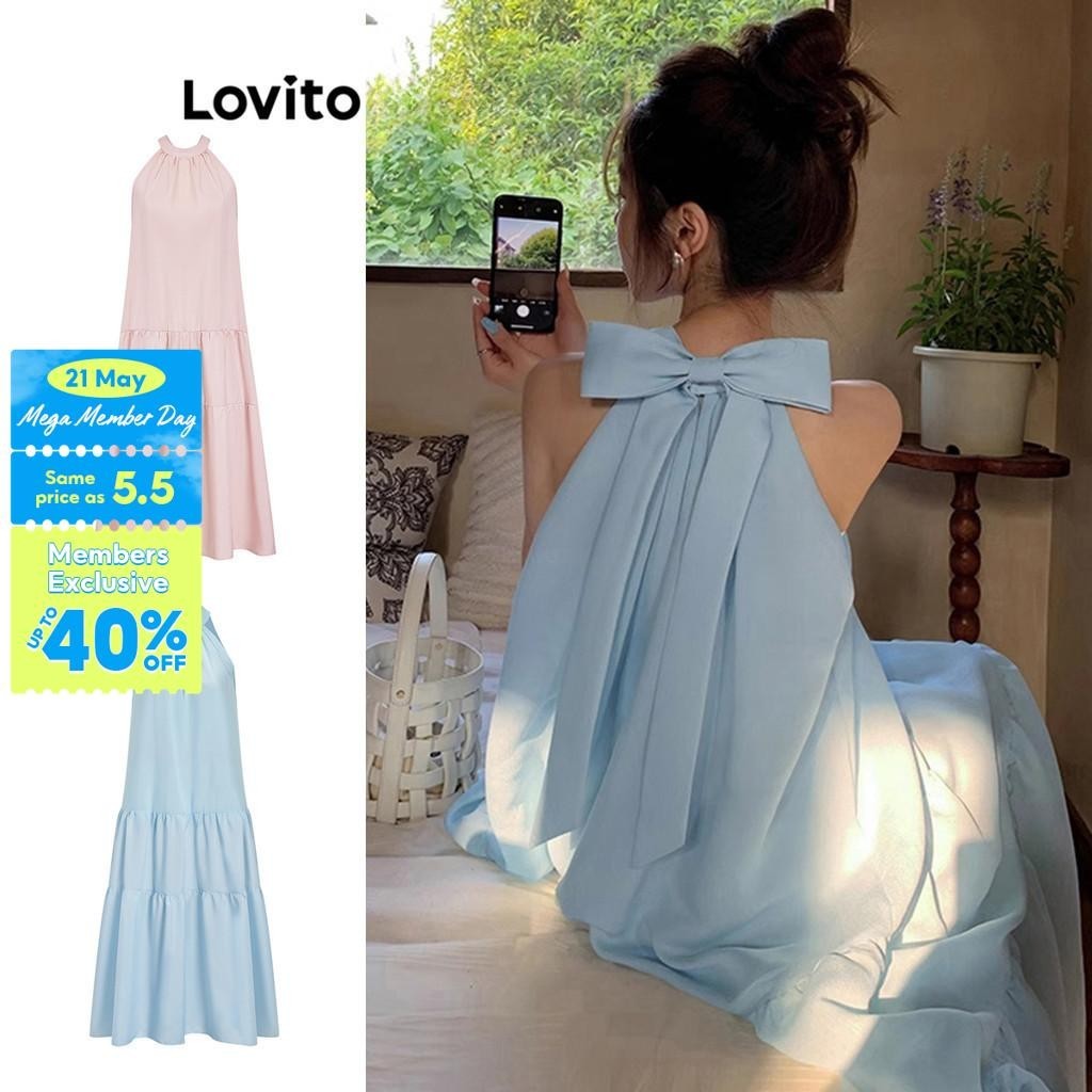 Lovito Casual Plain Bow Back Dress for Women L61AD081 (Blue) Lovito Gaun Pita Punggung Polos Kasual untuk Wanita