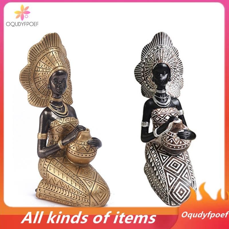 [Oqudy] Resin Statue Decor Figurines Retro African Women Holding Pottery Pots Home Bedroom Desktop Collection Items