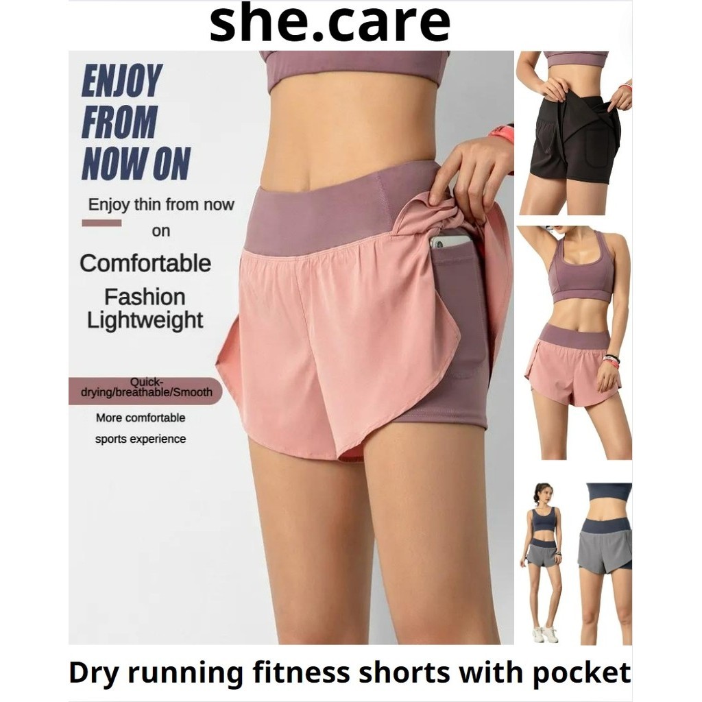 (In Stock) She. Care 6 Corlor Running Sports Speed Dry Running Fitness Shorts With Pocket Safety Pants Women Trekking Running Air Active Leggings Workout Shorts Sports Attire Casua