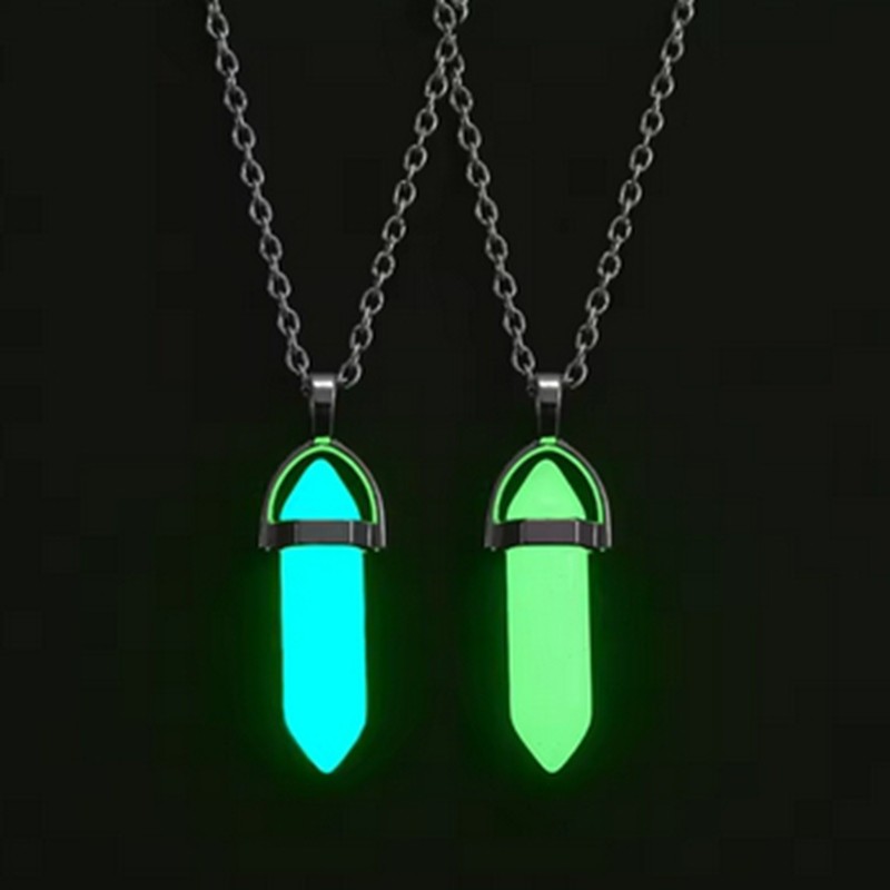 Dark Luminous Stone Fluorescent Hexagonal Column Necklace Natural Crystal Glowing in Dark Bullet Stone Pendant Necklace Couple Jewelry