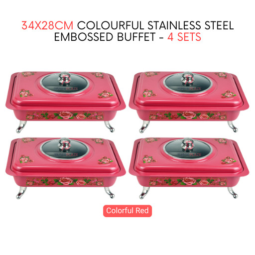 4 Sets Red Straight 34x28cm Colorful Stainless Steel Embossed Buffet Food Pan Catering Food Serving Tray