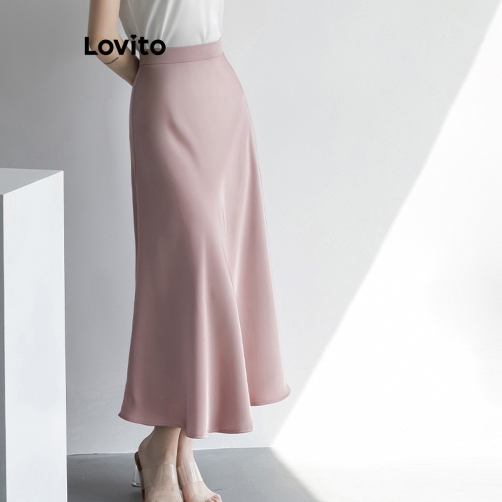 Lovito Elegant Plain Skirt for Women LNE38110 (Apricot/Light Grey/Light Purple/Light Green/White/Pink) Lovito Rok Polos Elegan untuk Wanita