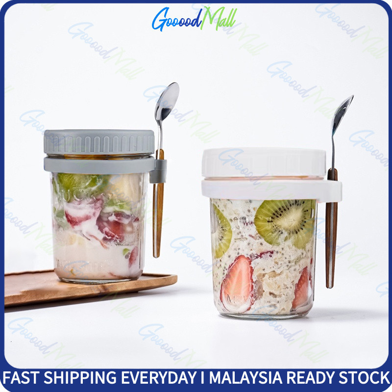 Oatmeal Cup Glass Oatmeal Cup Breakfast Yogurt Cereal Cup with Lid Spoon Portable Sealed Bottle Jar Cawan Oat