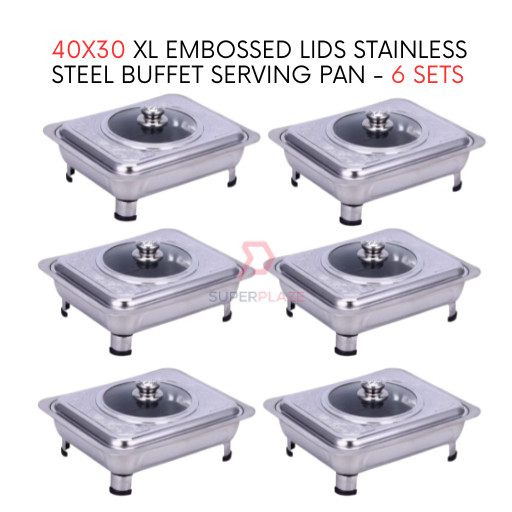 6 Sets 40x30cm XL Embossed Lids Stainless Steel Buffet Set Catering Serving Tray Food Pan