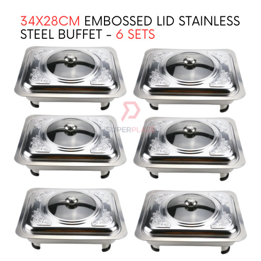 6 Sets 34x28cm Straight Cut Embossed Lid Stainless Steel Buffet Set Catering Serving Tray Food Pan