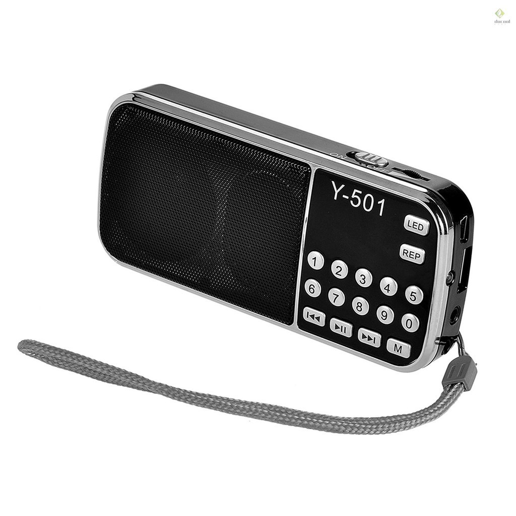 Y-501 Mini FM Radio Digital Portable 3W Stereo Speaker MP3 Audio Player High Fidelity Sound Quality w/ 0.75 Inch Display Screen LED Flashlight Support USB Drive TF Card AUX-IN Earp