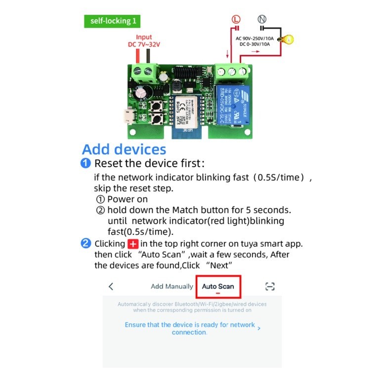 DIYMORE  TYWR APP USB 5V/DC7-32V Tuya App Smart Switch Home Self-Locking 433MHZ 1 Channel Control Relay Switch Automatic
