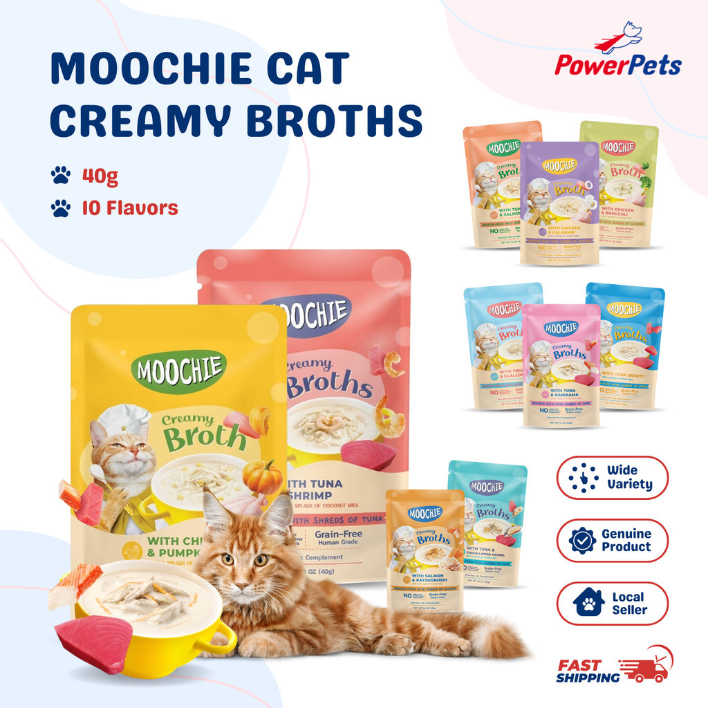 Moochie Cat Creamy Broths 40g Pouch - Salmon Katsuobushi Tuna Scallop Kanikama Bonito Mussel Chicken Calamari & Pumpkin