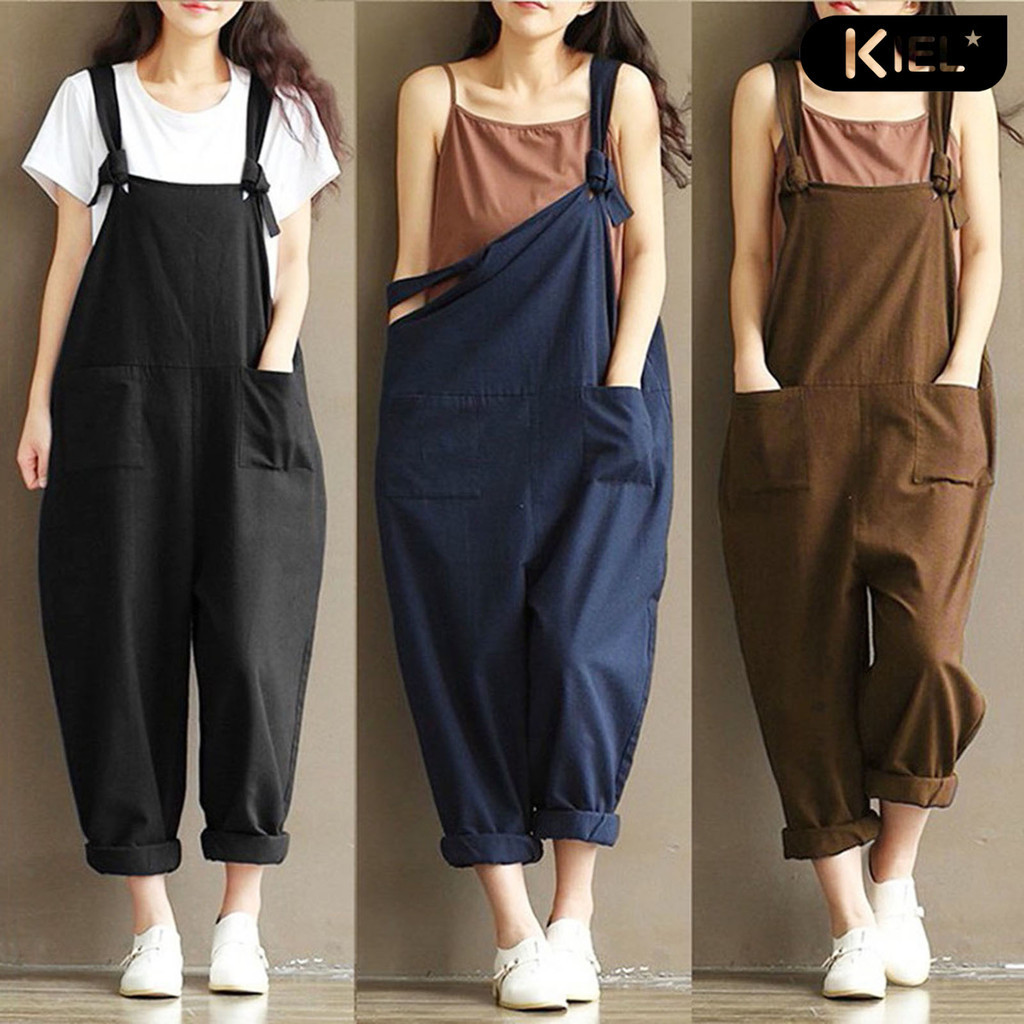 [KL]Pants Pocket Solid Color Straps Design Loose Jumpsuits for Family Gathering