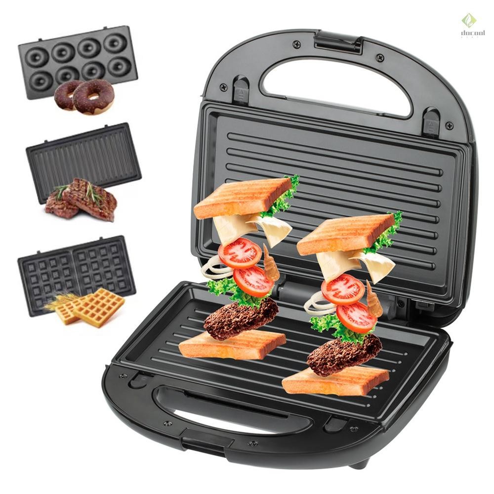 3 in 1 Electric Sandwich Maker Breakfast Machine with 3-set Removable Non-stick Plates Double-Sided Heating Waffle Maker Donut Maker Panini Press Grill