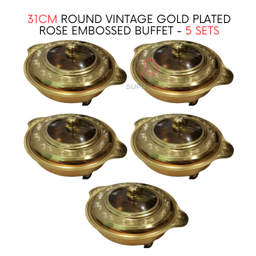 5 Sets 31cm Round Vintage Gold Plated Rose Embossed Buffet Set Food Pan Chafing Dish Serving Set Tray