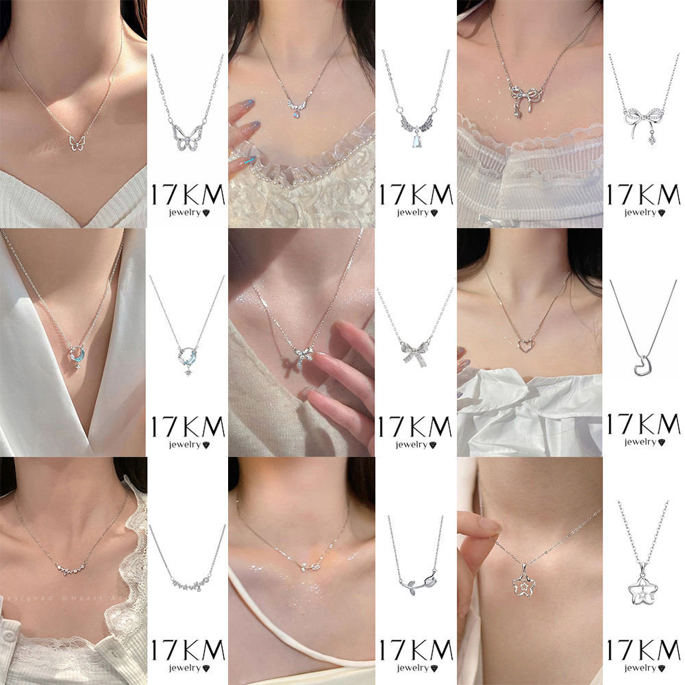 17KM Elegant Crystal Bow Butterfly Necklace Zircon Heart Silver Chain Choker for Women Jewelry Accessories