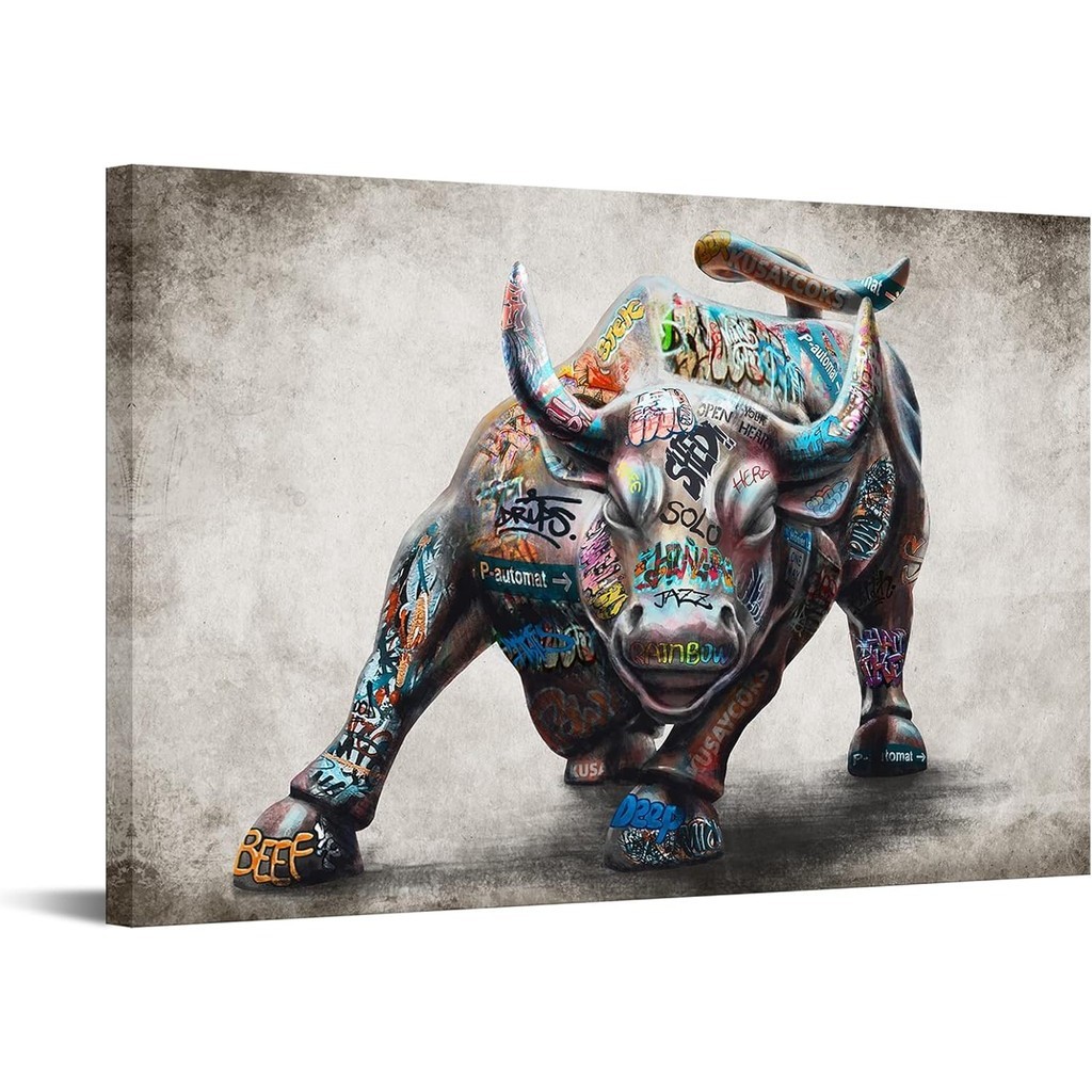 Large Wall Street Charging Bull Canvas Wall Art Abstract Animal Wildlife Motivational Picture Artwork for Home Office Bedroom Wall Decoration