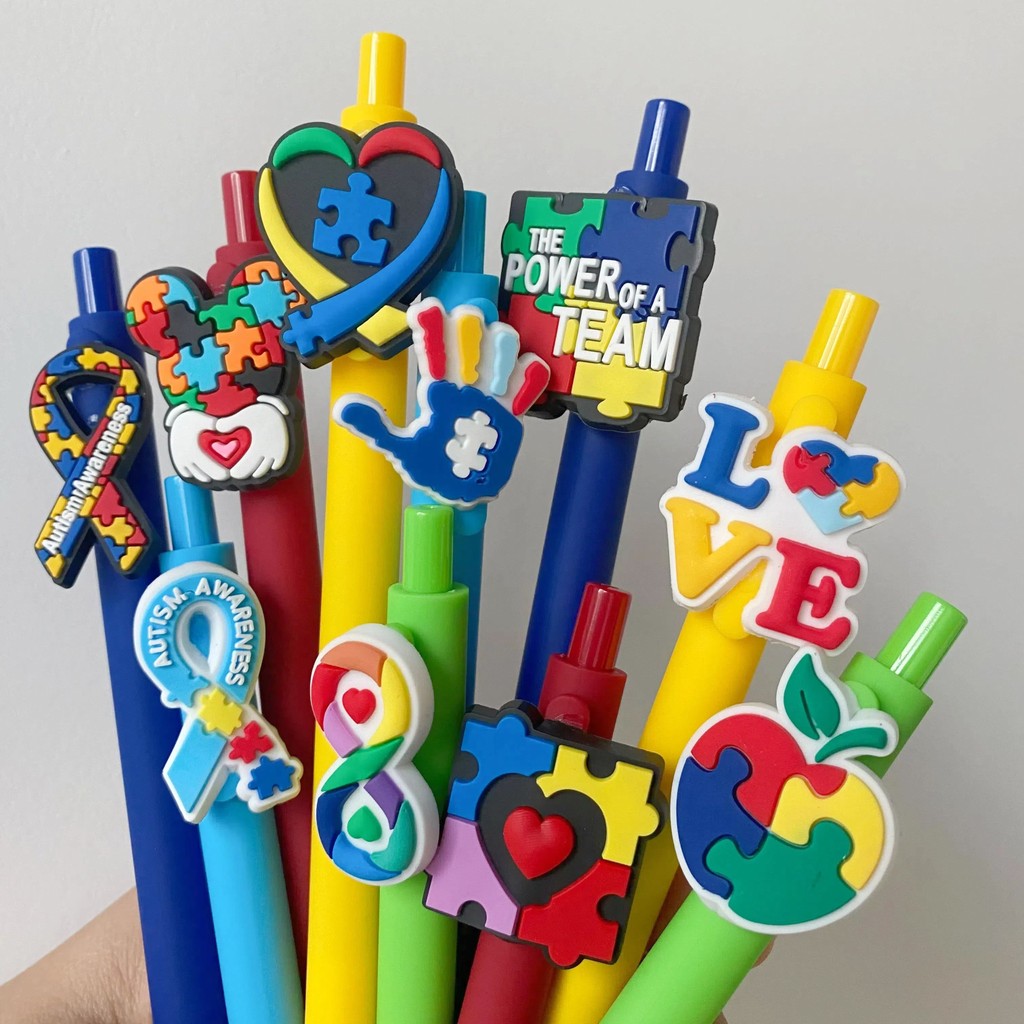 10Pcs Mental Health Awareness Gel Pens Autism Caregiver Appreciation Gifts Puzzle Pattern Design for Teachers Special Needs Team