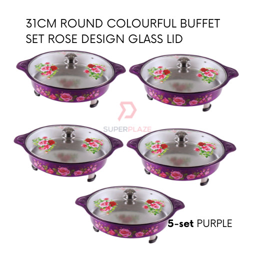 Purple 5 Sets 31cm Round Colorful Buffet Set Rose Design Glass Lid Food Pan Chafing Dish Tray