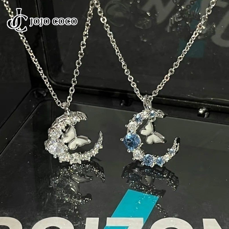 JOJO COCO Silver Moon Butterfly Sparkling Diamond Pendant Necklace for Women Korean Light Luxury Fashion Jewelry Accessories