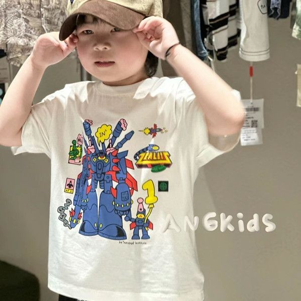 Hot New Style Japanese Korean Summer Children New Style Cartoon Robot Boys Girls Pure Cotton Short-Sleeved Loose White T-Shirt Korean Style Small Medium Children Thin