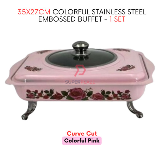 1 Set Pink Curve 35x27cm Colorful Stainless Steel Embossed Buffet Food Pan Catering Food Serving Set Tray