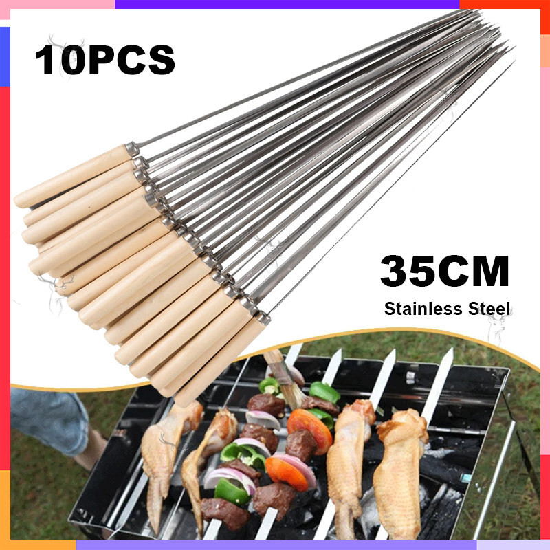 10/20 PCS BBQ Skewer Reusable Stainless Steel Barbecue Grilling Wooden Handle Kebab Stick BBQ Tools Camping Accessories
