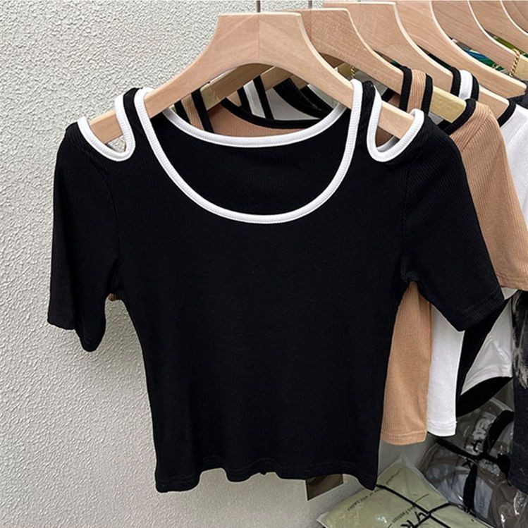 现货直发 1.00 kg-150.00 kg plus size Women's chubby girl Chic Sweet Spice Girls Wear with Preference Machine Short-sleeved T-shirt Design Shoulder Top 6.10