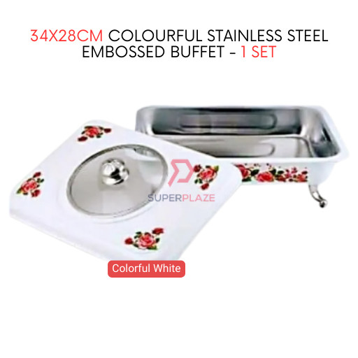 1 Set White Straight 34x28cm Colorful Stainless Steel Embossed Buffet Food Pan Catering Food Serving Tray