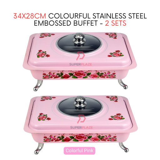 2 Sets Pink Straight 34x28cm Colorful Stainless Steel Embossed Buffet Food Pan Catering Food Serving Tray