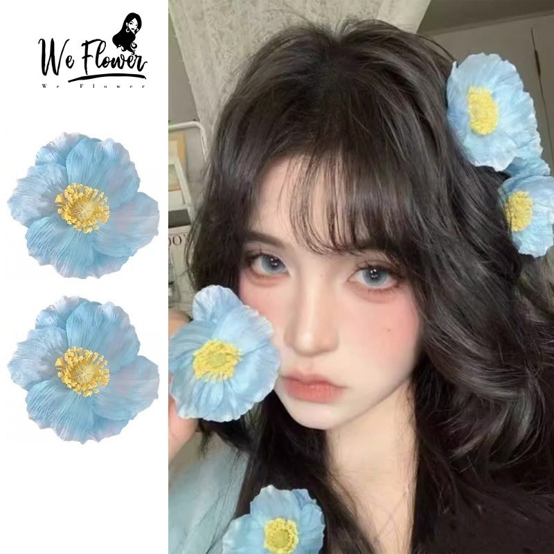 We Flower Cute Sweet 3D Artificial Blue Flower Hair Clips for Women Girls Beach Vacation Floral Hairpin Papaver Rhoeas Hair Accessories