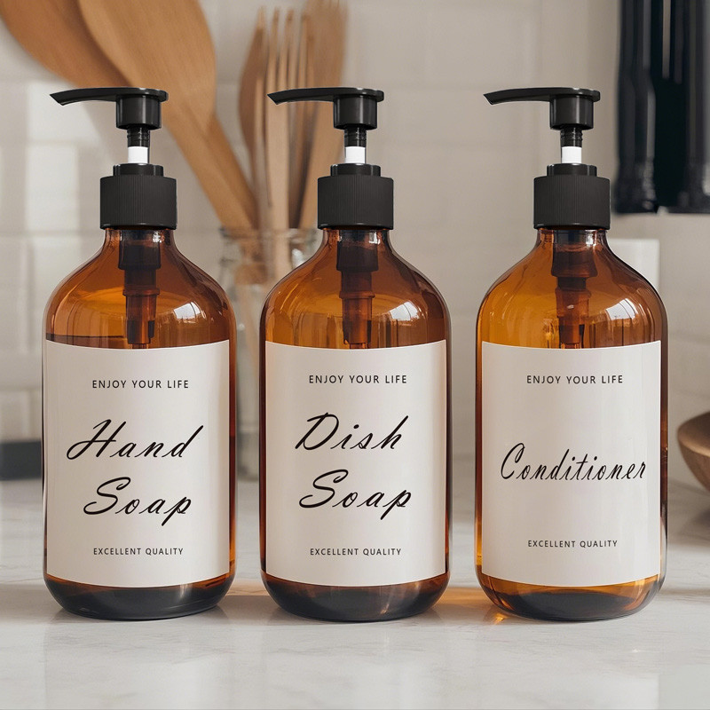【Hot Style】Reusable Shampoo and Conditioner Dispenser 500ml Brown Soap Bottles Body Wash Essential Oil Container