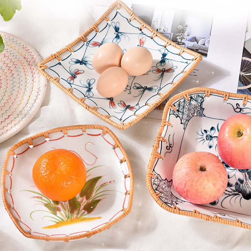 Vietnam Rattan Storage Basket Biscuits Snacks Cake Snacks Snack Plate Restaurant Storage Basket Woven Painted Porcelain Plate 8UVQ SBL7