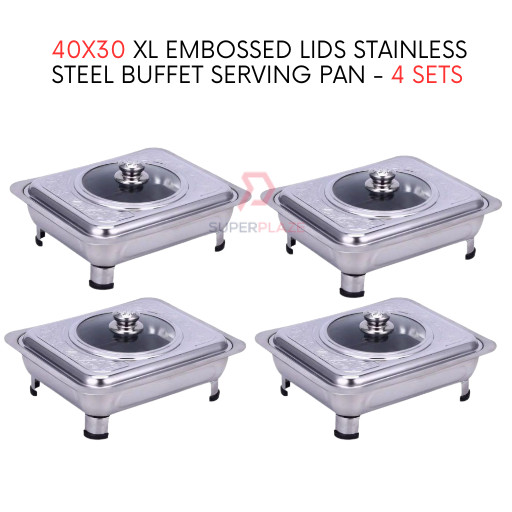 4 Sets 40x30cm XL Embossed Lids Stainless Steel Buffet Set Catering Serving Tray Food Pan