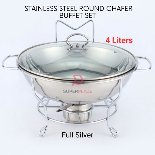 Full Silver 4 Liters Stainless Steel Round Chafer Chafing Dish Buffet Set Kenduri Set Berkas Lauk Catering Set