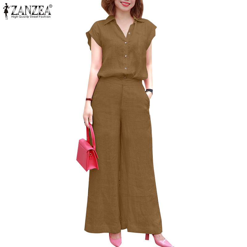 ZANZEA Women Korean Suit Lapel Jumpsuit Short Sleeve With Pockets Elastic Wide Leg Pants Suit