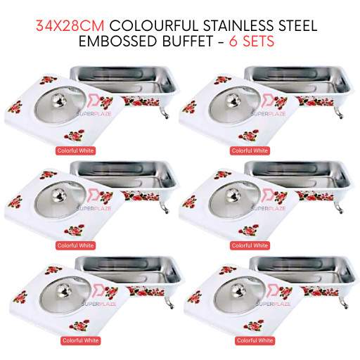 6 Sets White Straight 34x28cm Colorful Stainless Steel Embossed Buffet Food Pan Catering Food Serving Tray