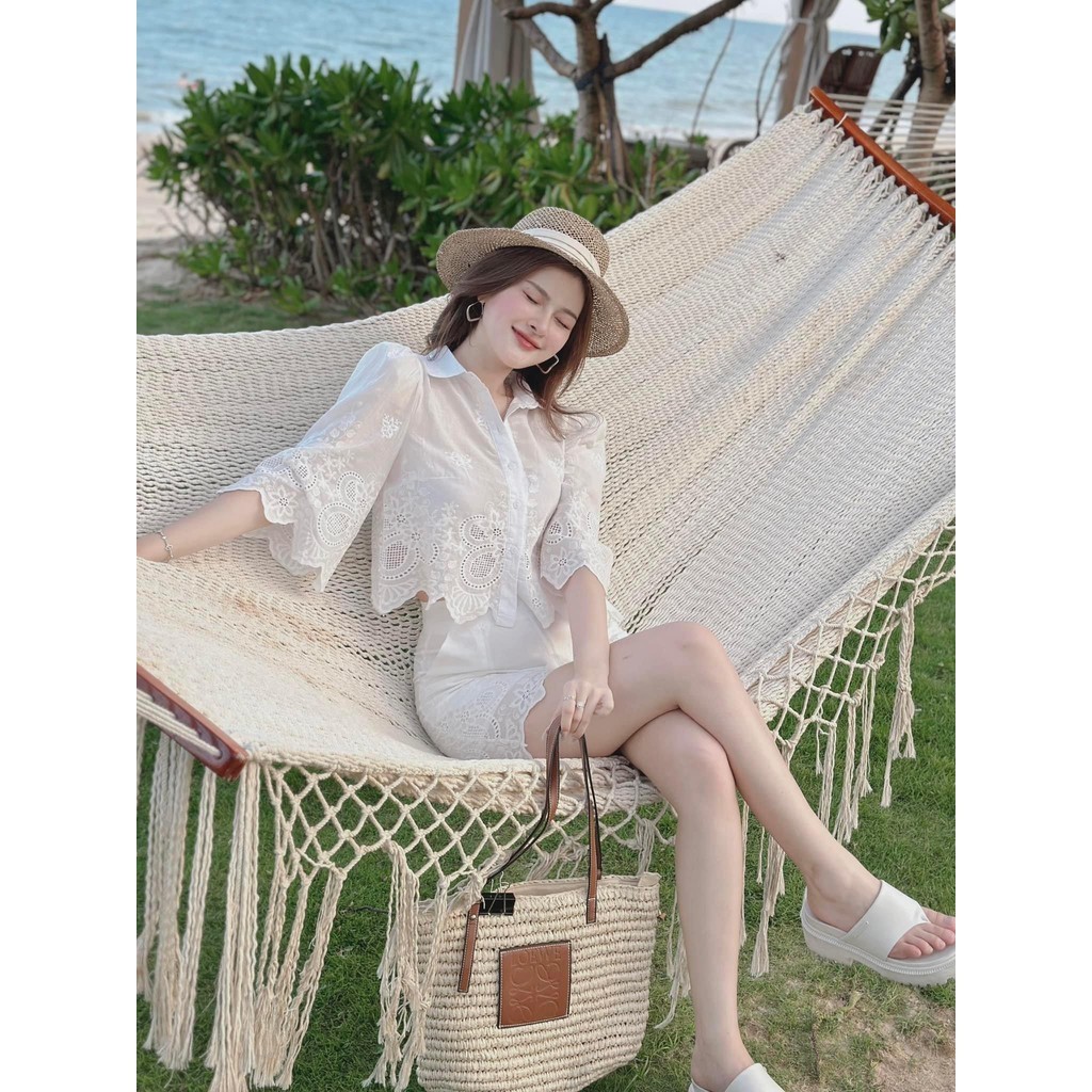 Beachwear set S591 includes half-sleeved shirt with short collar mixed Shorts floral embroidered fabric with elastic band free size KimHoa77
