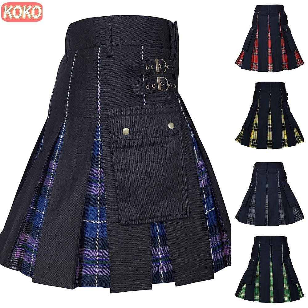 ⭐Ready Stock⭐ Scottish Kilt For Men Black Denim Irish Tartan Modern Kilt