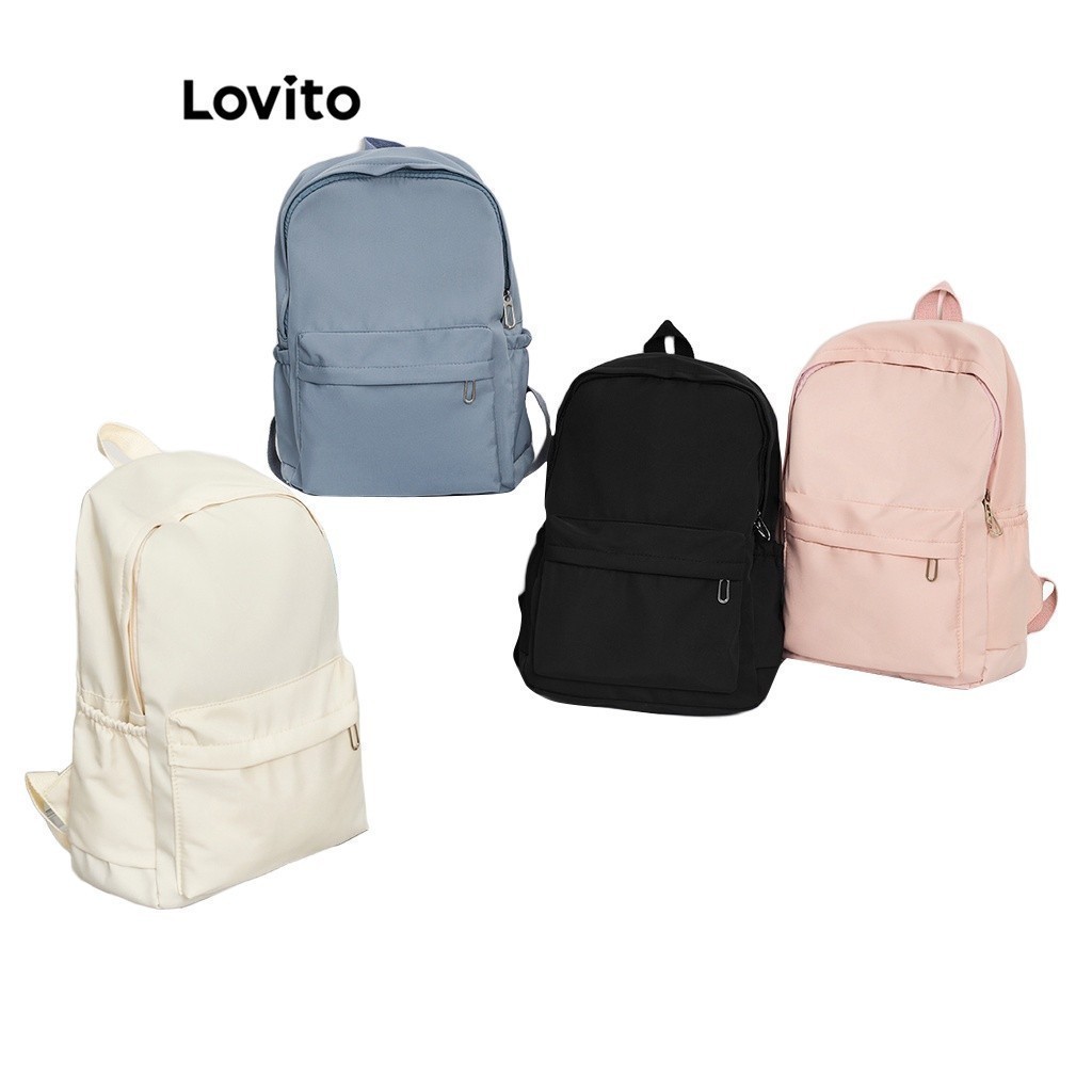Lovito Preppy Plain Colorblock Double Shoulder Strap Multi-pocketed Backpacks L41BA05 (White/Pink/Blue/Black) Preppy Polos Colorblock Tali Bahu Ganda Multi-saku Ransel L41BA05 (Putih/Berwarna Merah Muda/Biru/Hitam)