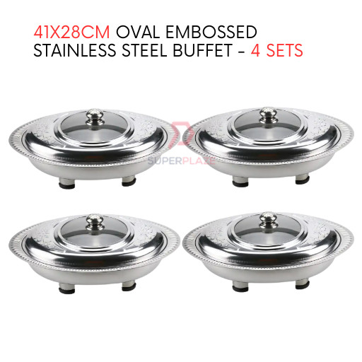 4 Sets 41x28cm Oval Cut Embossed Stainless Steel Buffet Set Catering Serving Tray Food Pan Warmer