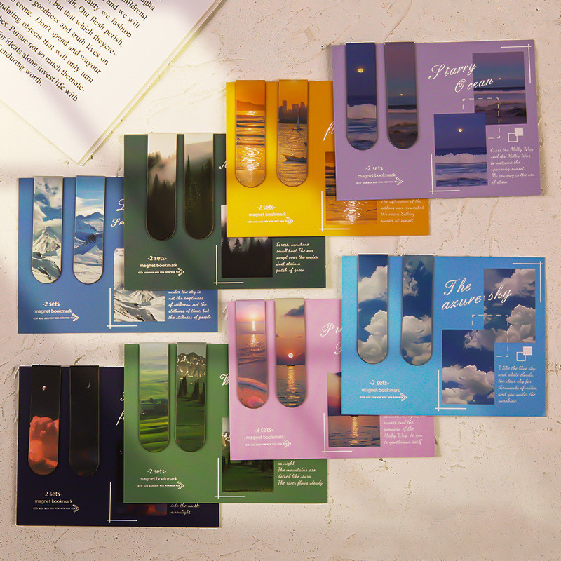 2 Pcs Elegant Packaging Landscape Series Pattern Magnetic Bookmark Student Mini Magnetic Book Page Folder Literary Bookmarks