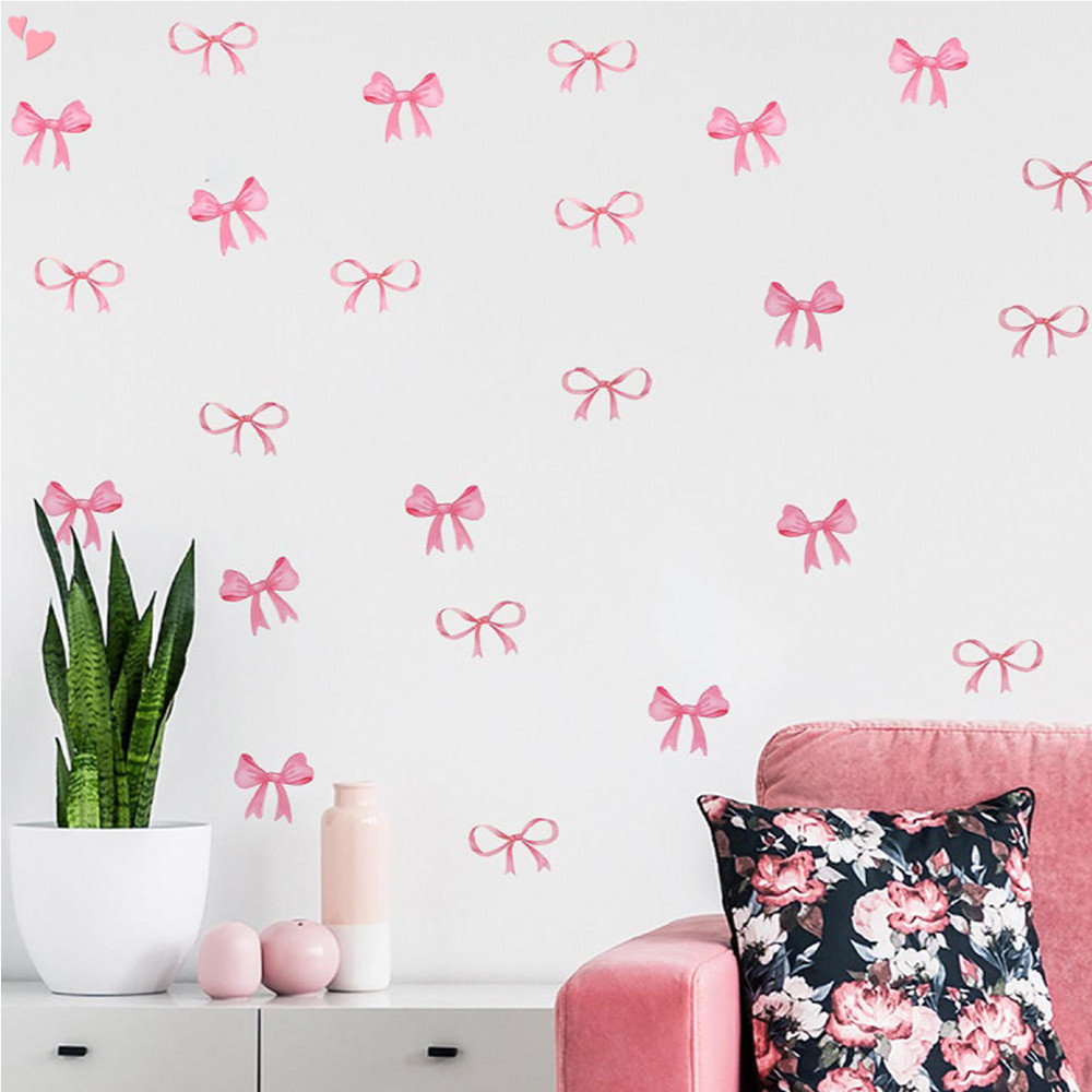 Trendy Pink Bow Wall Stickers Pink Orange Blue Black Bow Knot Wall Decals Watercolor Room Mural Stickers for Valentine's Day Girls Party Home Bedroom Nursery