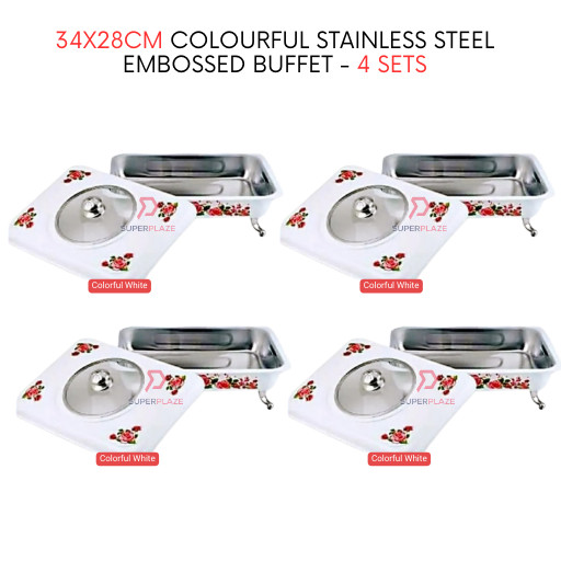 4 Sets White Straight 34x28cm Colorful Stainless Steel Embossed Buffet Food Pan Catering Food Serving Tray