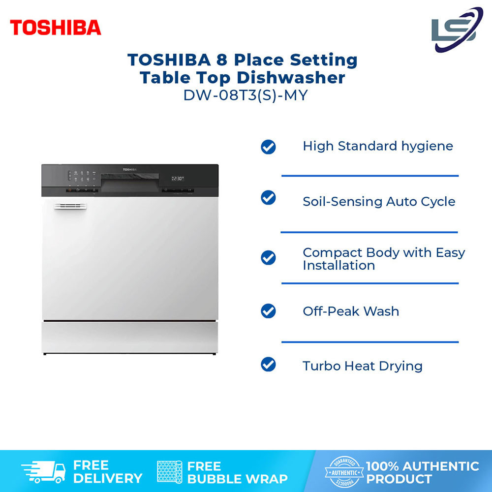 TOSHIBA 8 Place Setting Table Top Dishwasher DW-08T3(S)-MY | Turbo Heat Drying | Off-Peak Wash | Hi-Temp Hygiene Cycle