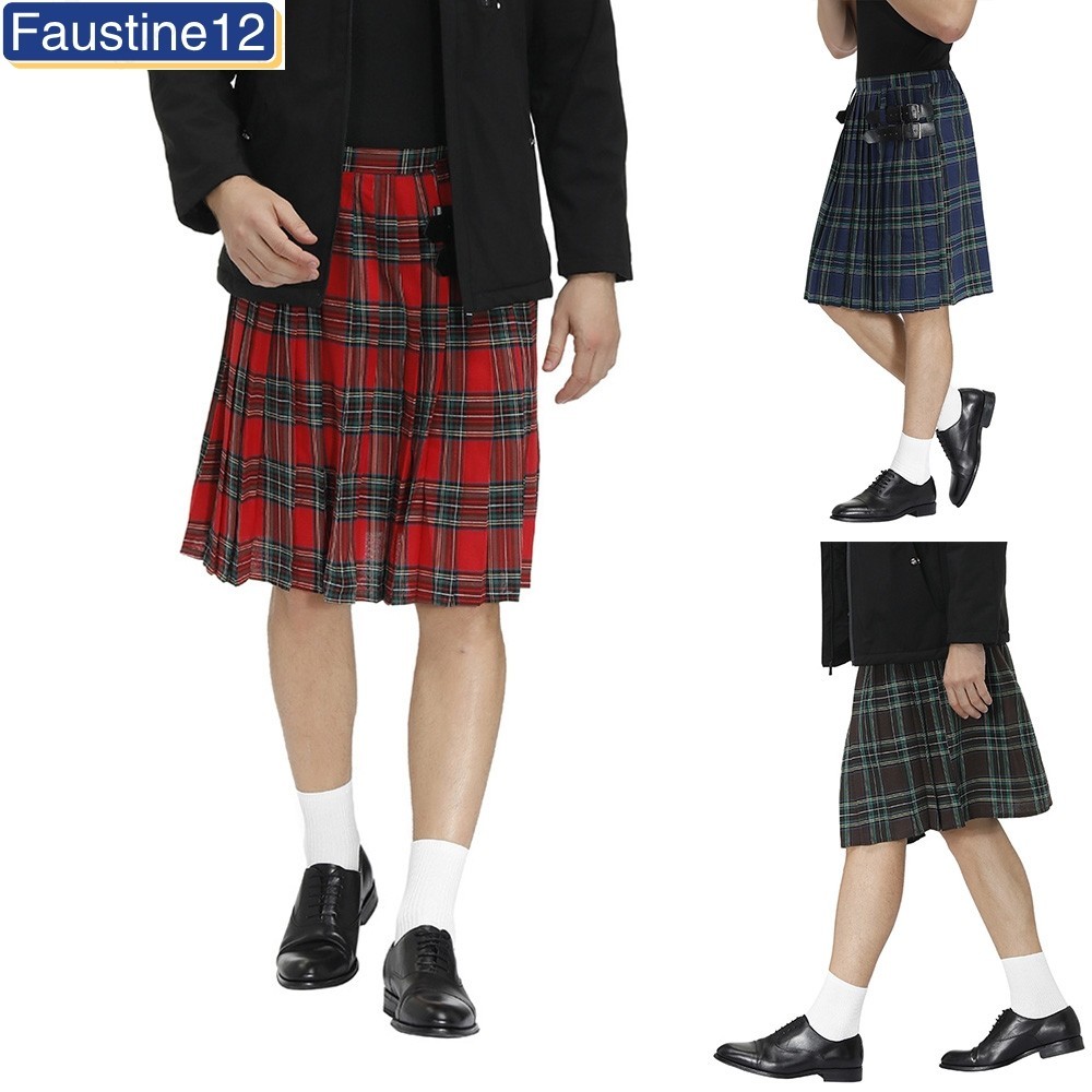 [Faustine 0626] Mens Scotland Kilts Highland Beer Tartan Kilt Pleated Goth Outdoor Utility Skirt