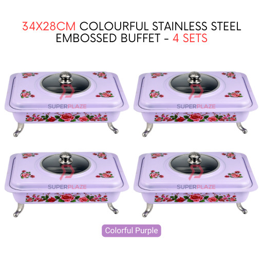 4 Sets Purple Straight 34x28cm Colorful Stainless Steel Embossed Buffet Food Pan Catering Food Serving Tray