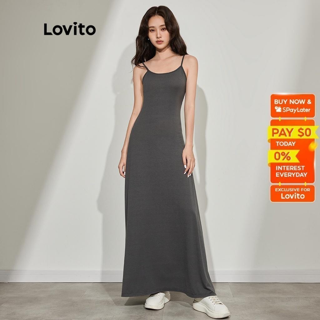 Lovito Casual Plain Basic Bodycon Off Shoulder Sleeveless Silp Dress L45ED022 (Grey) Lovito Gaun Bodycon tanpa Lengan Bahu Terbuka Dasar Kasual L45ED022 (Abu-Abu)