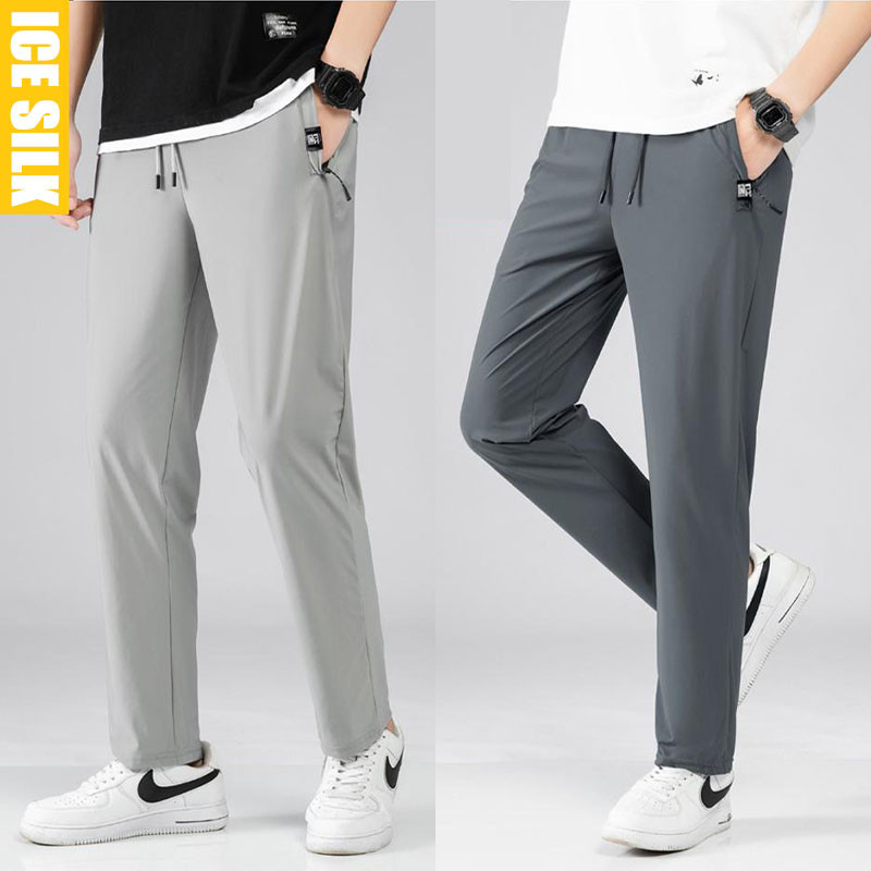 M-5XL Men's Summer Ice Silk Basic Plain Pants Straight Elastic Waistband Fashion Thin Jogging Pants Plus Size Black\Grey