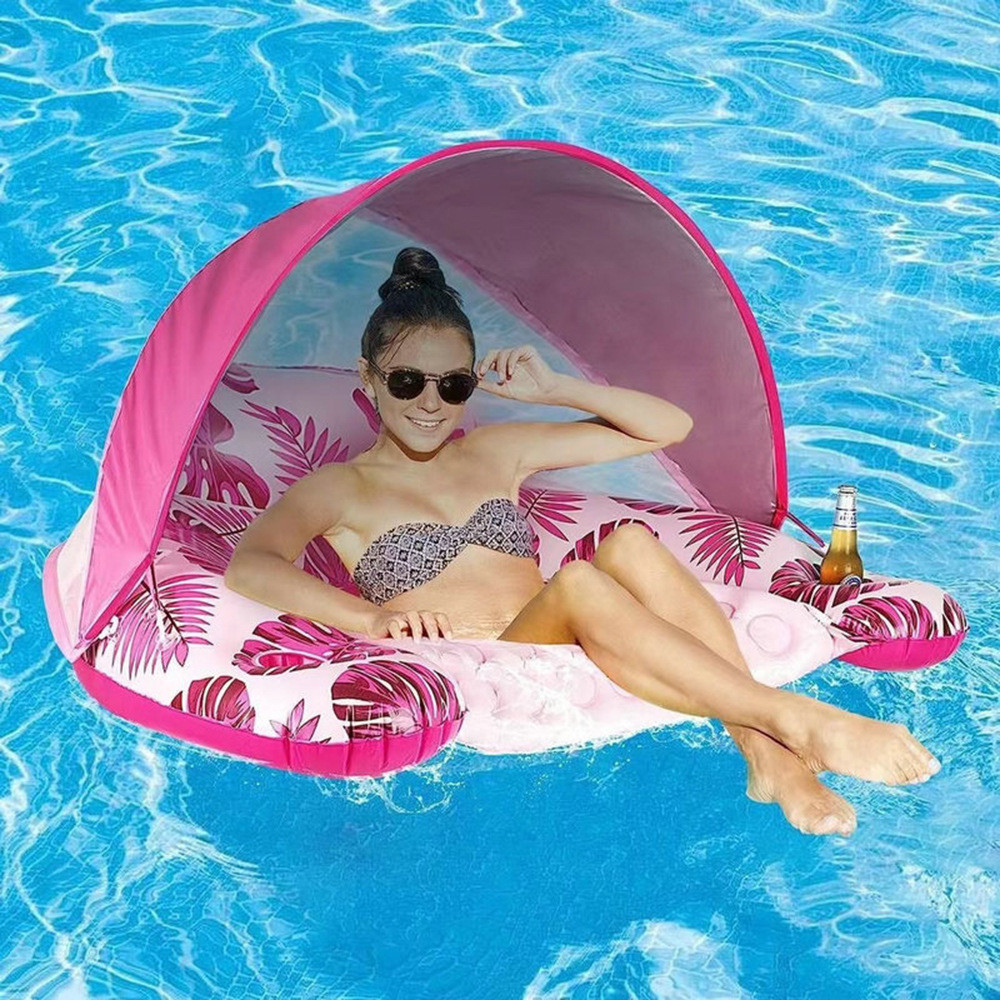 Tropical Leaves Water Hammock with Sunshade Adult Swim Ring Tube Inflatable Swim Ring For Adult Lounge Chair Pool Float