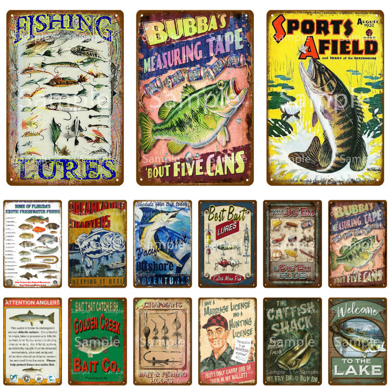 Fishing Lures Decor Vintage Tin Sign Retro Metal Sign Wall Decor For Lake House Cabin Fishing Gift Metal Plate YK031