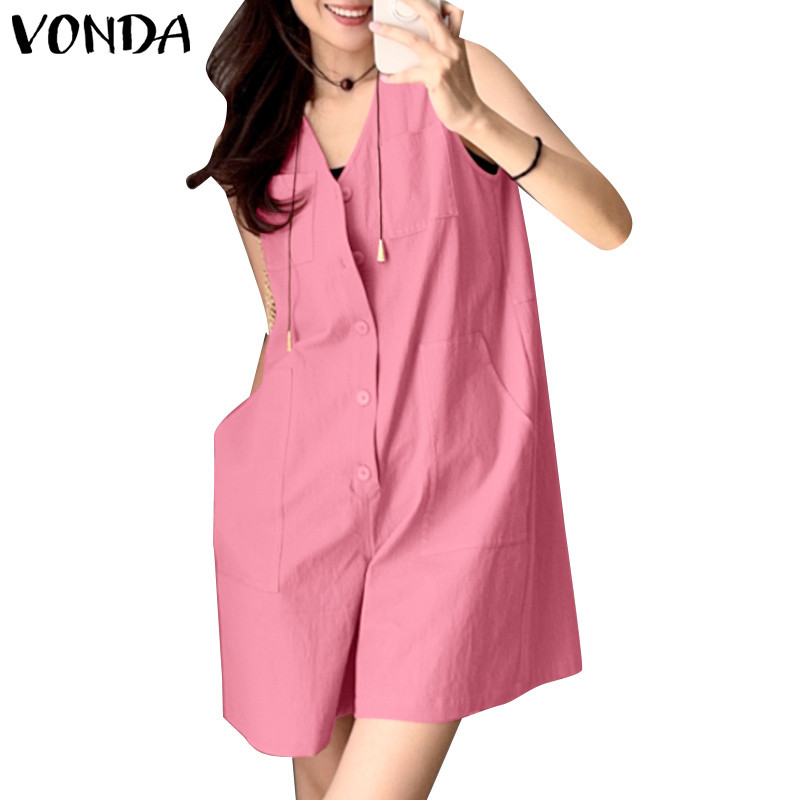 VONDA Women Korean Street Casual V Neck Single-Breasted Sleeveless Loose Jumpsuits